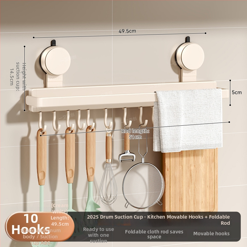 Kuchynský vešiak so silnou prísavkou na stenu, držiaky na špachtle a lyžice, úložné miesto na utierky