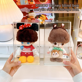 Bubble Mart Dimoo Disney vinilové figúrky — úložná a prezentačná skrinka s priehľadným prachotesným krytom a stohovateľným regálom