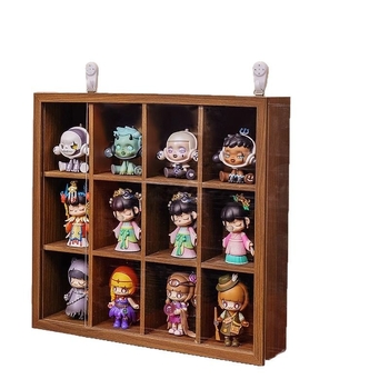 Drveni stalak za skladištenje i izlaganje Blind Box s uzorkom orahovog drveta, otporan na prašinu, zidni bez bušenja, 12 pretinaca, novi kineski stil