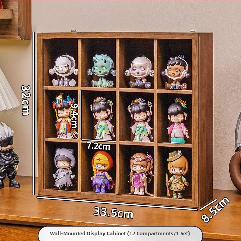 Drevený regál na Blind Box s orechovou štruktúrou, prachotesný, na stenu bez vŕtania, 12 priehradok, nový čínsky štýl