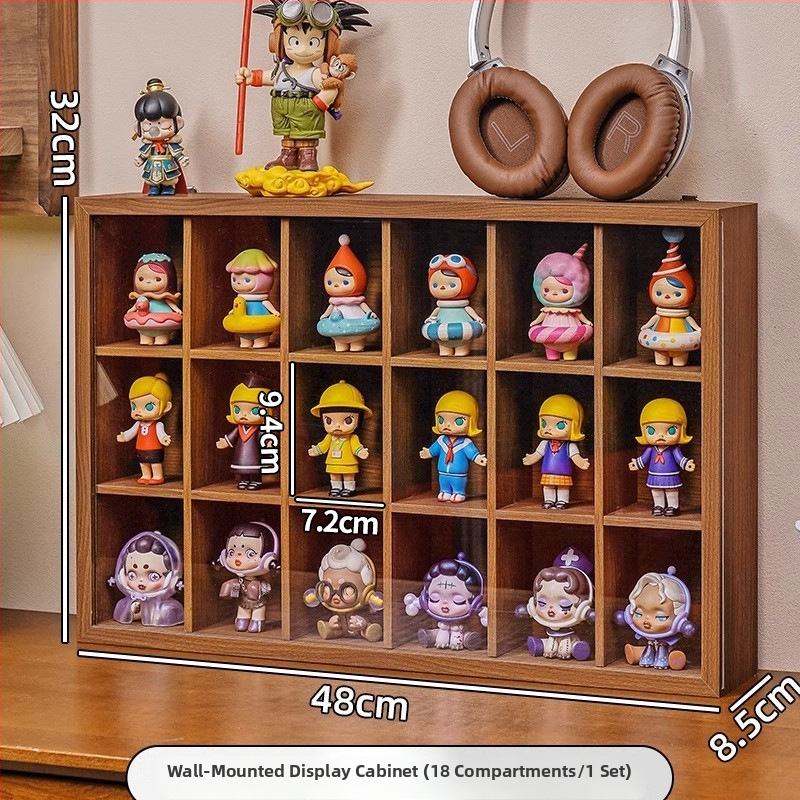 Drevený regál na Blind Box s orechovou štruktúrou, prachotesný, na stenu bez vŕtania, 12 priehradok, nový čínsky štýl