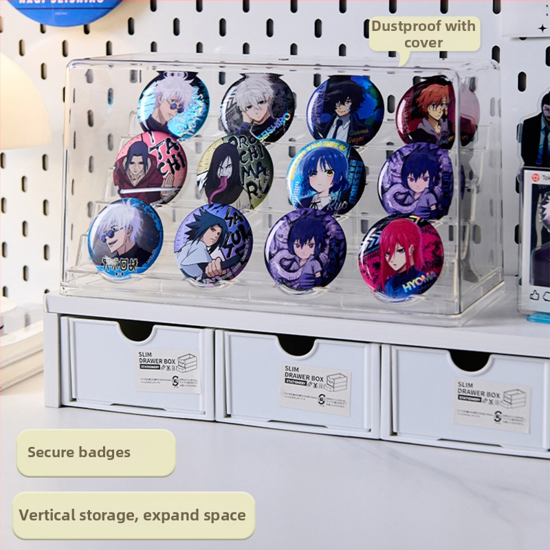 Stojan na odznaky v tvare schodíka a priesvitná akrylová krabička proti prachu na skladovanie anime merch
