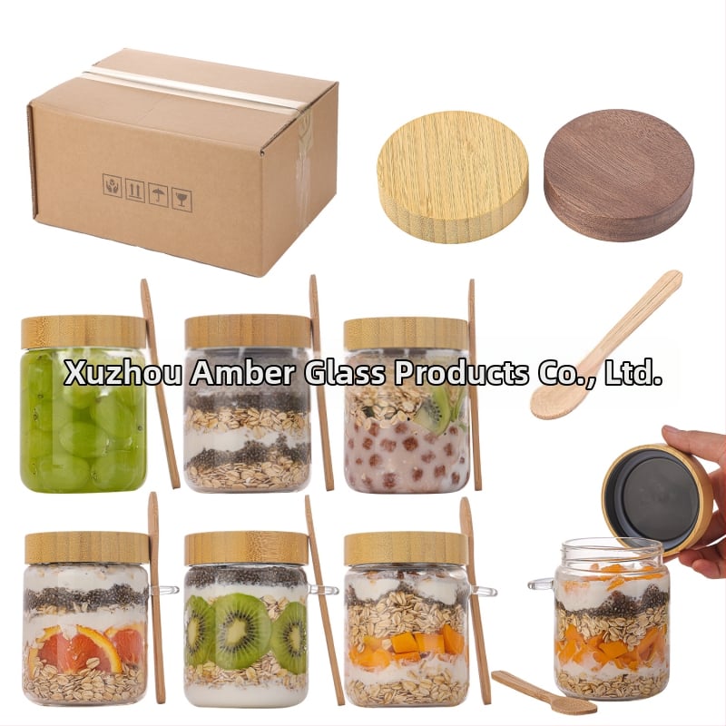 Set sklenených nádob z borosilikátového skla so lyžičkou na overnight oats, uzatvárateľné nádoby na skladovanie a pohár na marmeládu, 500 ml