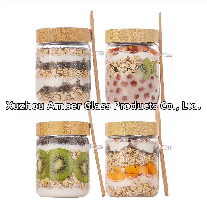 Set sklenených nádob z borosilikátového skla so lyžičkou na overnight oats, uzatvárateľné nádoby na skladovanie a pohár na marmeládu, 500 ml