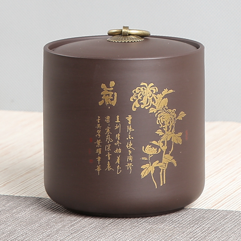 Kutija za čaj od Yixing purpurne pijesak gline, Pu'er zapečaćena posuda, pozlaćeni dizajn, retro stil, s logom, 10×10 cm, 0,8 kg
