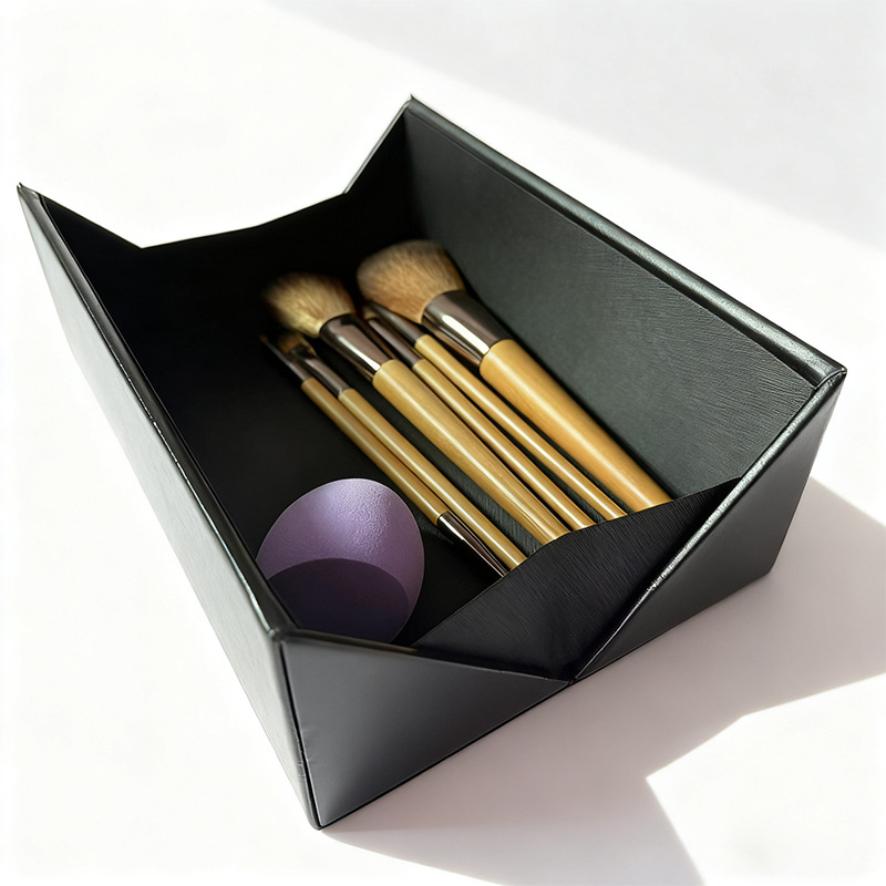 Cutie pătrată din piele pentru depozitarea pensulelor de machiaj, cu deschidere laterală, capacitate mare, pentru cosmetice, pudre și bijuterii - personalizabilă