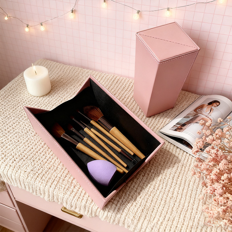 Cutie pătrată din piele pentru depozitarea pensulelor de machiaj, cu deschidere laterală, capacitate mare, pentru cosmetice, pudre și bijuterii - personalizabilă