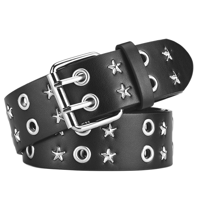 Centură pentru bărbați din PU piele cu găuri, stil punk, cataramă cu știft în două rânduri, motif denim cu cinci stele