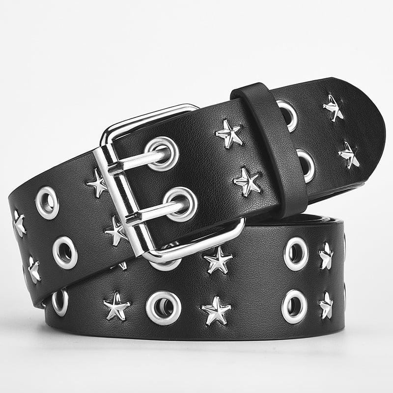Centură pentru bărbați din PU piele cu găuri, stil punk, cataramă cu știft în două rânduri, motif denim cu cinci stele