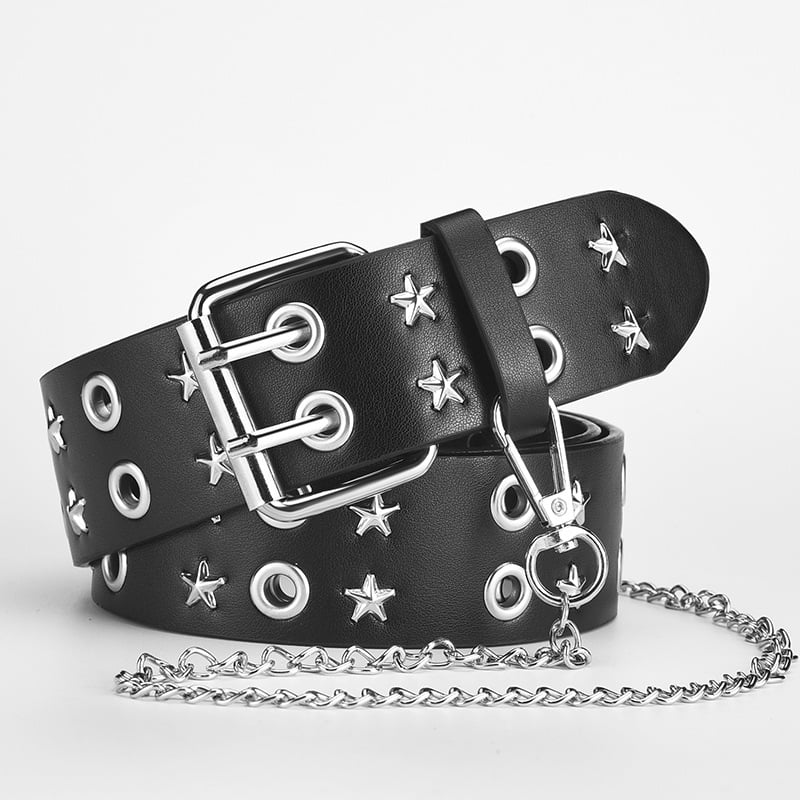 Centură pentru bărbați din PU piele cu găuri, stil punk, cataramă cu știft în două rânduri, motif denim cu cinci stele