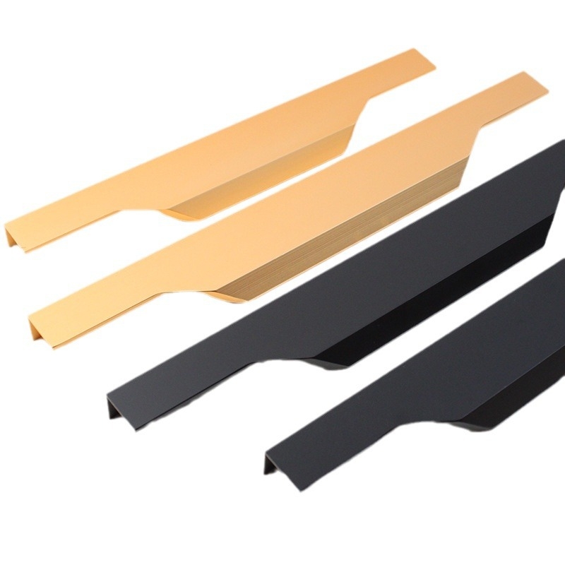 Maner pentru dulapuri negru, design minimalist, pentru uși și sertare, cu priză extinsă pentru degetul mare, din aliaj de aluminiu, canale ascunse