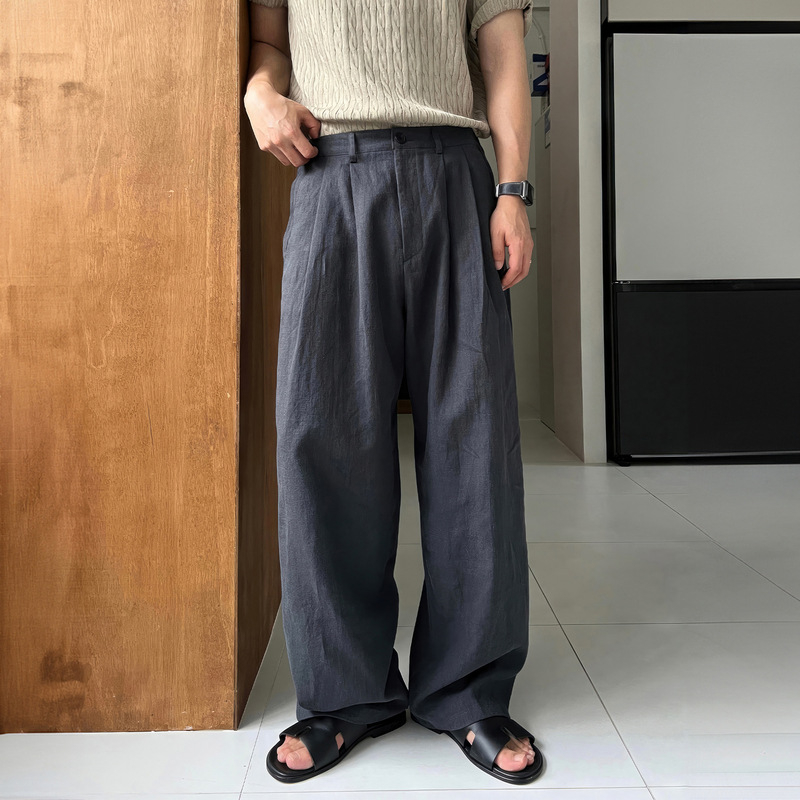 Παντελόνια casual σε κορεατικό στυλ για άνδρες, premium ποιότητα, ελαφρύ καλοκαιρινό ύφασμα με drape, χαλαρή εφαρμογή, ίσια γραμμή με φαρδιά παντελόνια