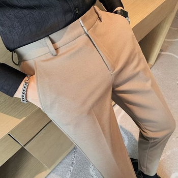 Pantaloni casual slim-fit pentru bărbați, din material ice silk, ușori de vară, croială dreaptă, talie medie, culoare uni