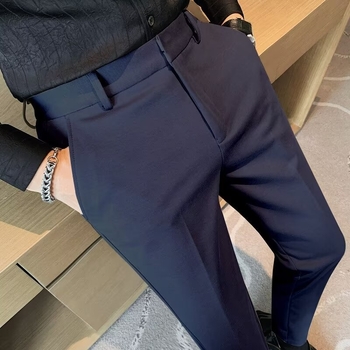 Pantaloni casual slim-fit pentru bărbați, din material ice silk, ușori de vară, croială dreaptă, talie medie, culoare uni