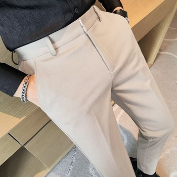Pantaloni casual slim-fit pentru bărbați, din material ice silk, ușori de vară, croială dreaptă, talie medie, culoare uni