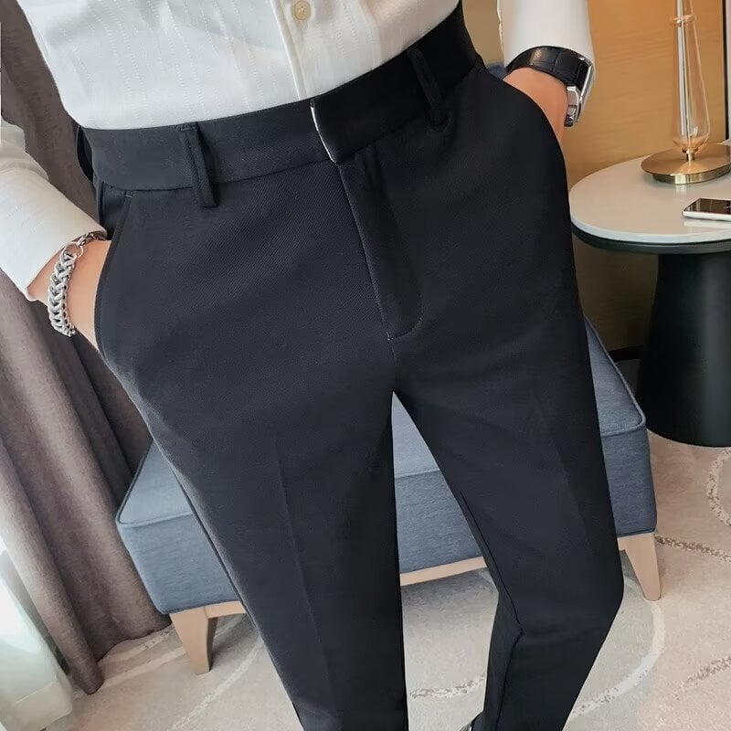 Pantaloni casual slim-fit pentru bărbați, din material ice silk, ușori de vară, croială dreaptă, talie medie, culoare uni