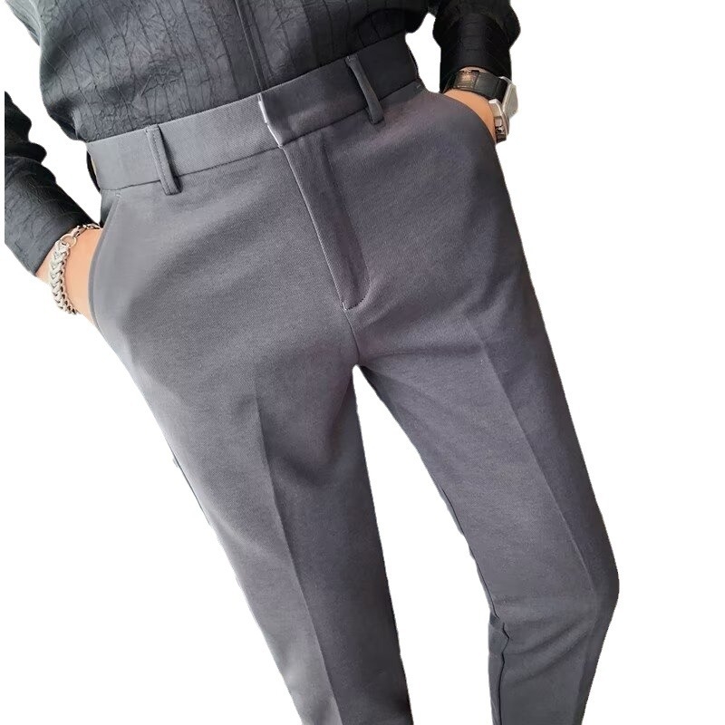 Pantaloni casual slim-fit pentru bărbați, din material ice silk, ușori de vară, croială dreaptă, talie medie, culoare uni