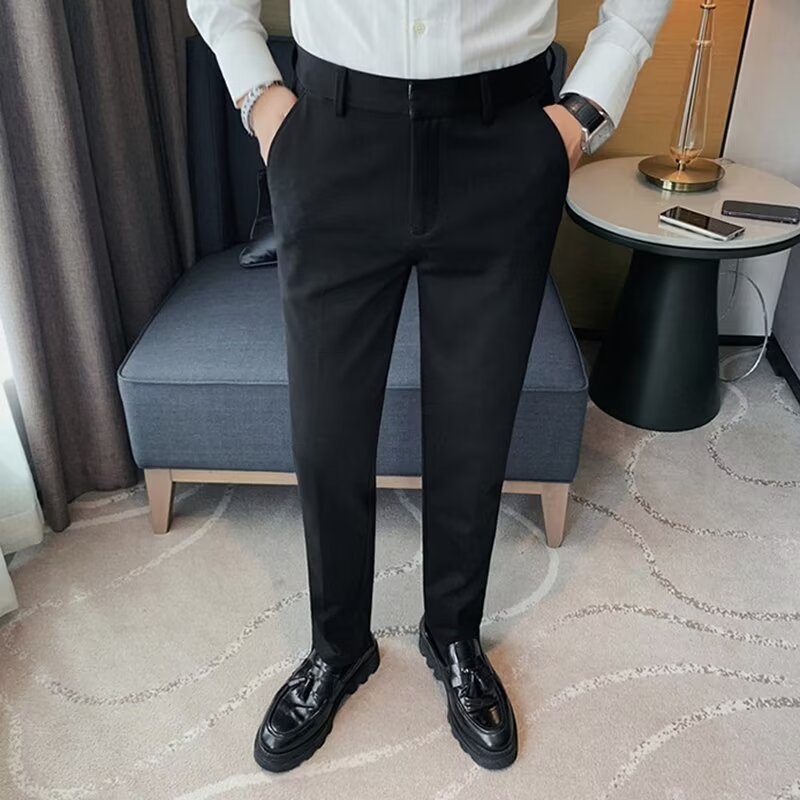 Pantaloni casual slim-fit pentru bărbați, din material ice silk, ușori de vară, croială dreaptă, talie medie, culoare uni