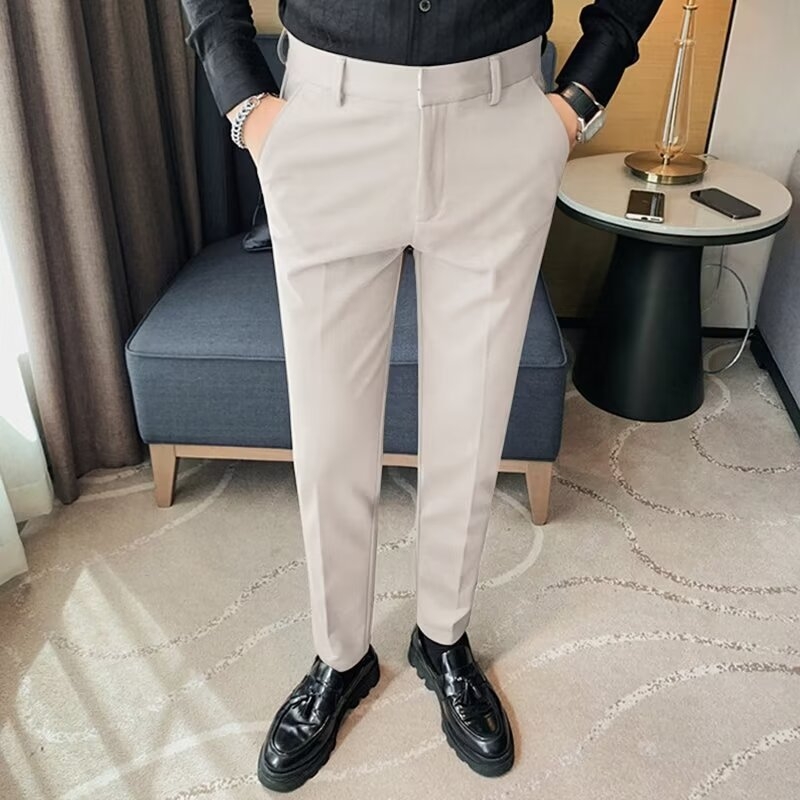 Pantaloni casual slim-fit pentru bărbați, din material ice silk, ușori de vară, croială dreaptă, talie medie, culoare uni