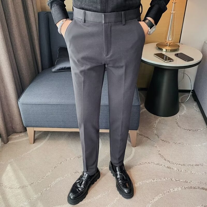 Pantaloni casual slim-fit pentru bărbați, din material ice silk, ușori de vară, croială dreaptă, talie medie, culoare uni