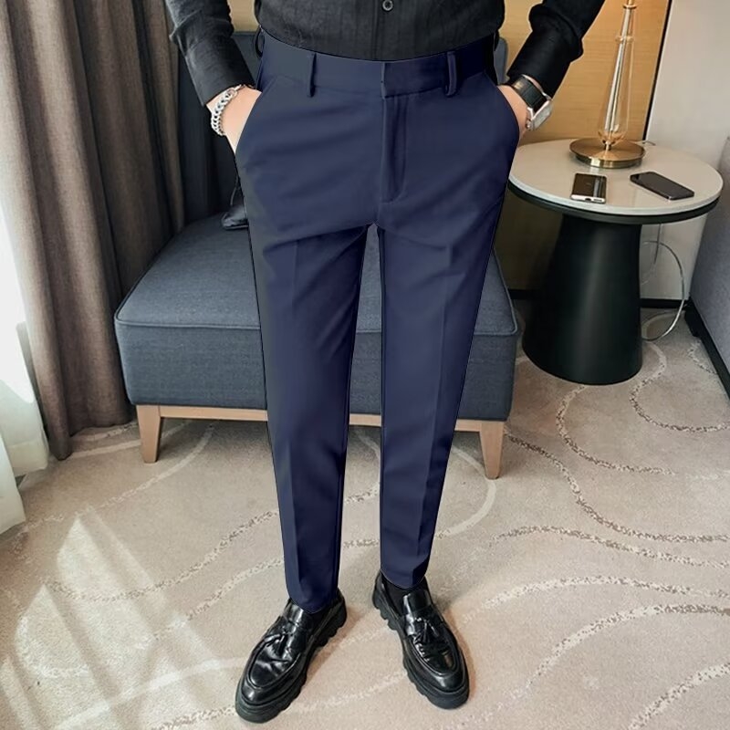 Pantaloni casual slim-fit pentru bărbați, din material ice silk, ușori de vară, croială dreaptă, talie medie, culoare uni