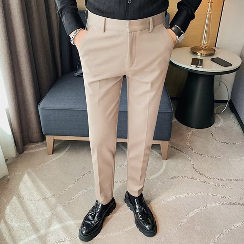 Pantaloni casual slim-fit pentru bărbați, din material ice silk, ușori de vară, croială dreaptă, talie medie, culoare uni