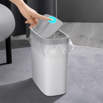 Coș de gunoi pentru baie din plastic, profil subțire pentru spații înguste, formă cilindrică, 10 L, rezistent la mirosuri, deschidere prin apăsare