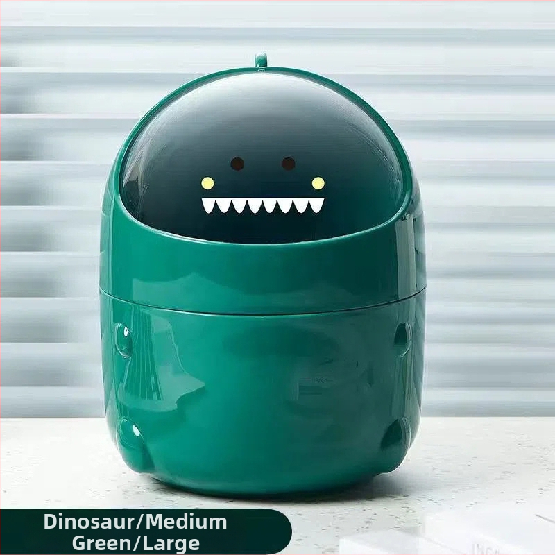 Dinosaurov stolný odpadkový kôš s výklopným vekom, malý plastový kontajner v tvare suda pre kanceláriu alebo domov