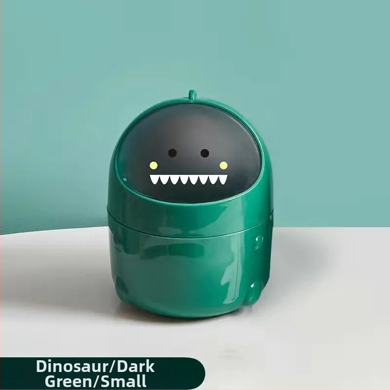 Dinosaurov stolný odpadkový kôš s výklopným vekom, malý plastový kontajner v tvare suda pre kanceláriu alebo domov