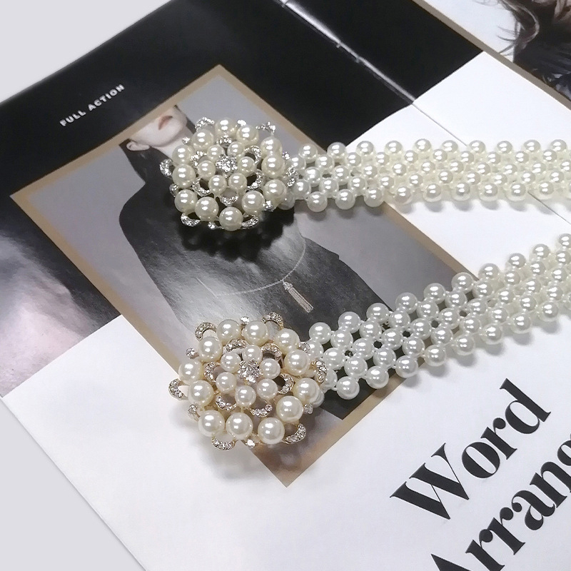 Centură de talie cu perle pentru femei, accesoriu simplu și elegant pentru rochii și fuste, lanț elastic, lățime 2–4 cm