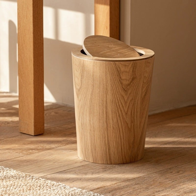 Coș de gunoi din lemn cu capac basculant, decor interior creativ pentru living și dormitor