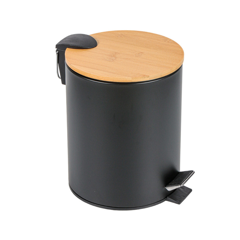 Coș de gunoi pedalat cu capac din lemn, oțel inoxidabil, cilindric, pentru casă, bucătărie și baie, 12 L