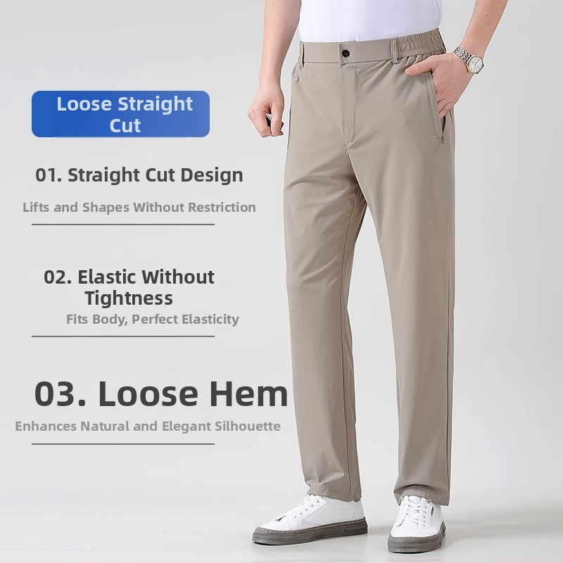 Pánske letné nohavice z ice silk, ultratenké, voľný rovný strih, business casual nohavice, chladné a splývavé