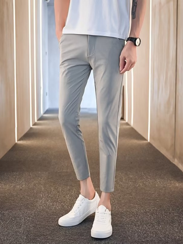 Pantaloni bărbați eleganți de vară, croială dreaptă, croi slim, lungime cropped