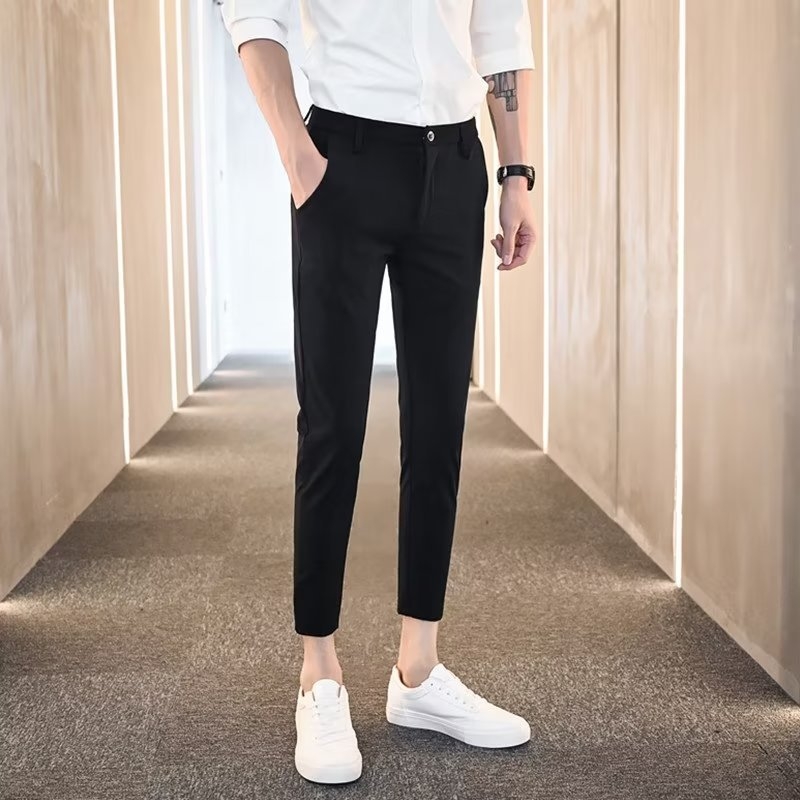 Pantaloni bărbați eleganți de vară, croială dreaptă, croi slim, lungime cropped