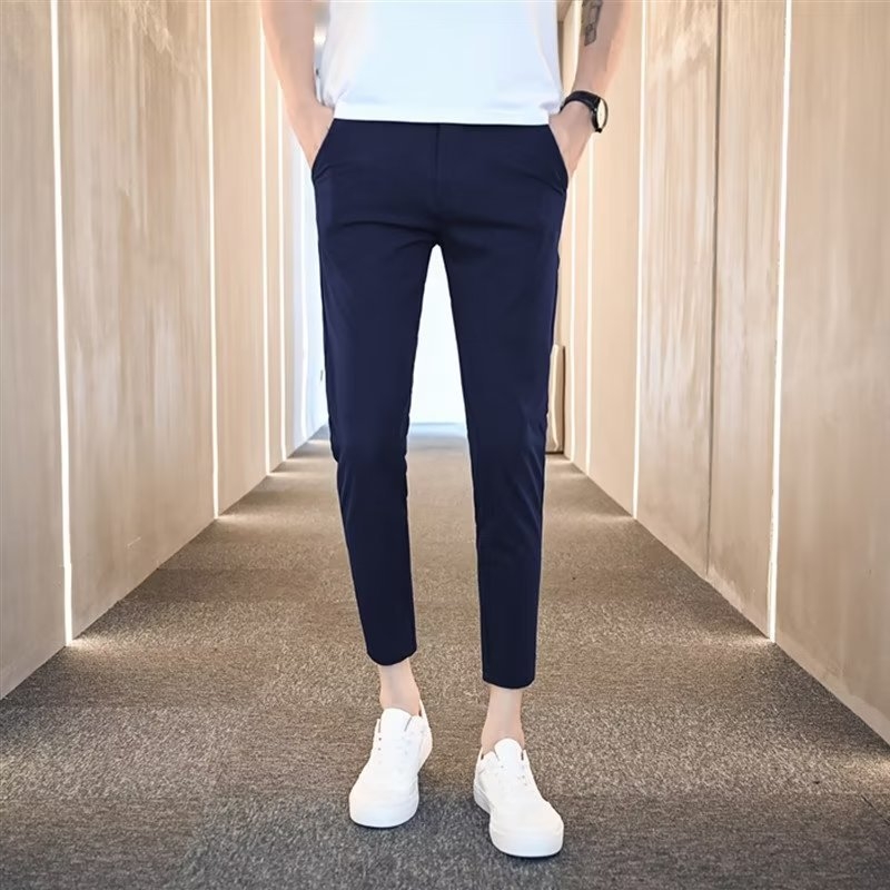 Pantaloni bărbați eleganți de vară, croială dreaptă, croi slim, lungime cropped