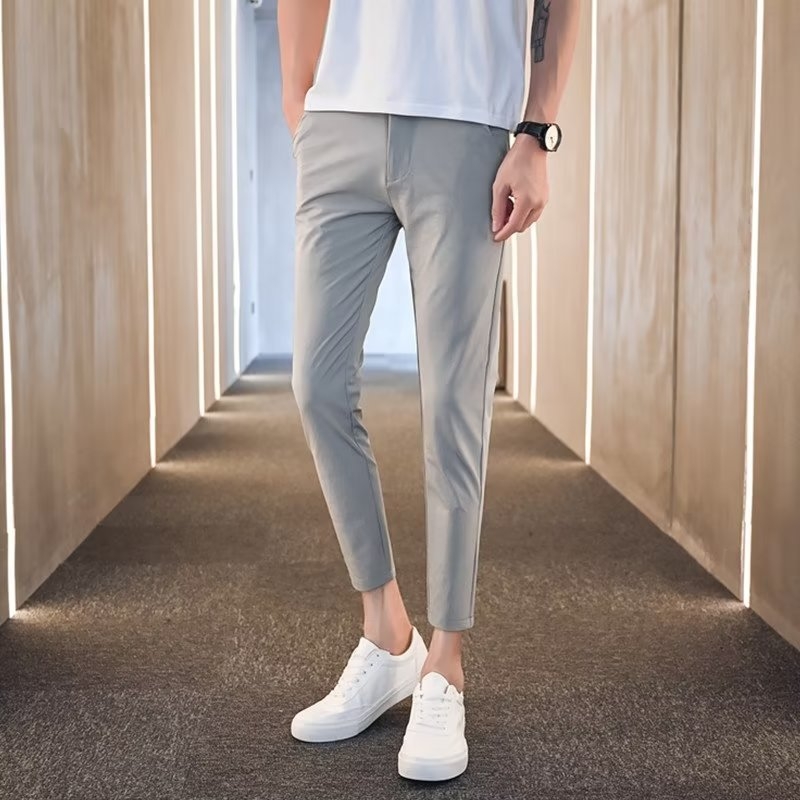 Pantaloni bărbați eleganți de vară, croială dreaptă, croi slim, lungime cropped