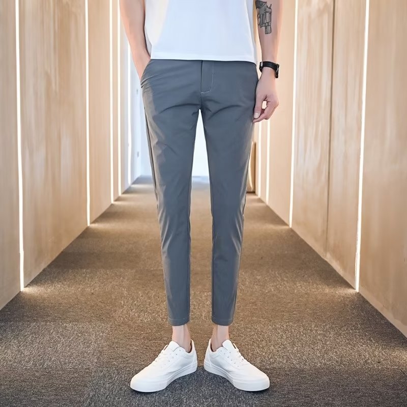 Pantaloni bărbați eleganți de vară, croială dreaptă, croi slim, lungime cropped