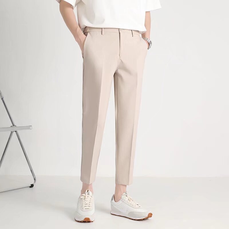 Ανδρικά παντελόνια σε κορεατικό στυλ, cropped dress pants, στενό κόψιμο με ρέοντα ύφος, casual μακριά παντελόνια