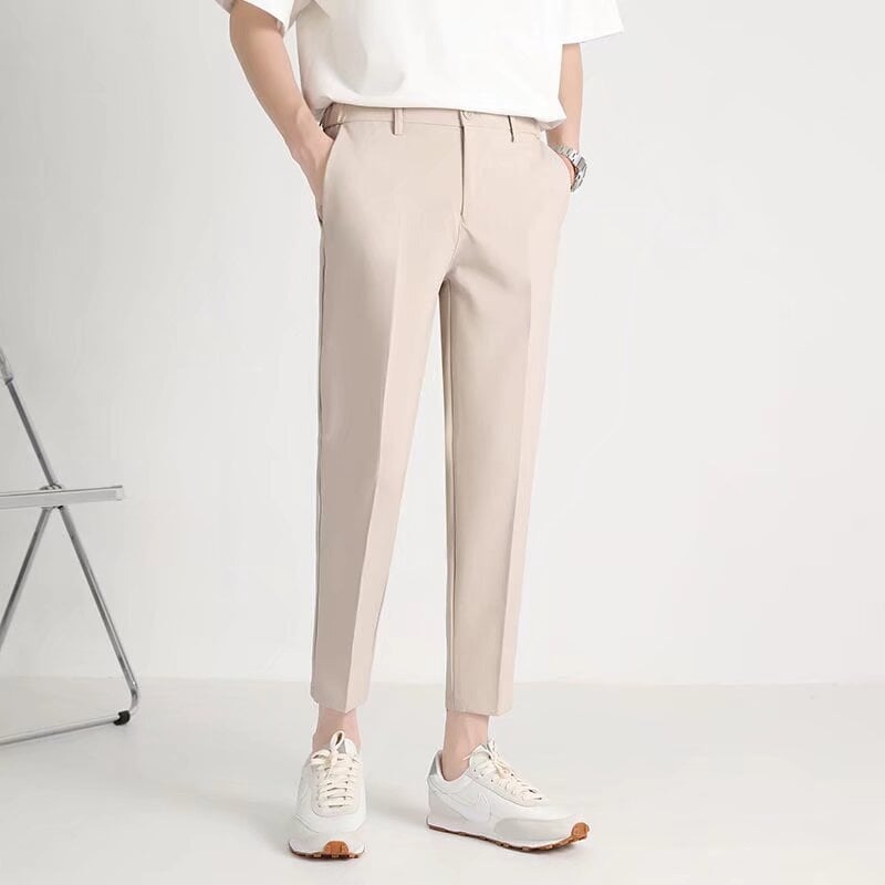 Ανδρικά παντελόνια σε κορεατικό στυλ, cropped dress pants, στενό κόψιμο με ρέοντα ύφος, casual μακριά παντελόνια