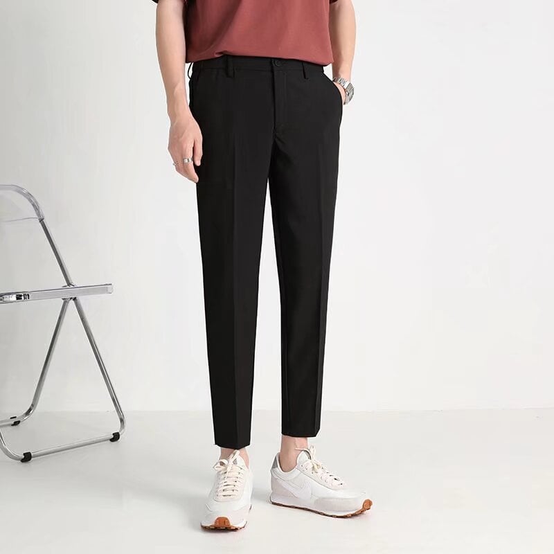 Ανδρικά παντελόνια σε κορεατικό στυλ, cropped dress pants, στενό κόψιμο με ρέοντα ύφος, casual μακριά παντελόνια