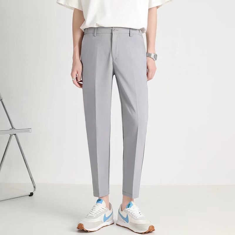 Ανδρικά παντελόνια σε κορεατικό στυλ, cropped dress pants, στενό κόψιμο με ρέοντα ύφος, casual μακριά παντελόνια