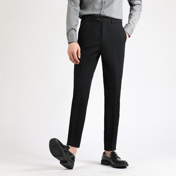 Pantaloni negri de costum pentru bărbați, primăvară–toamnă, stil coreean, croială dreaptă, slim, rezistenți la cute, ușor elastici, pantaloni business casual