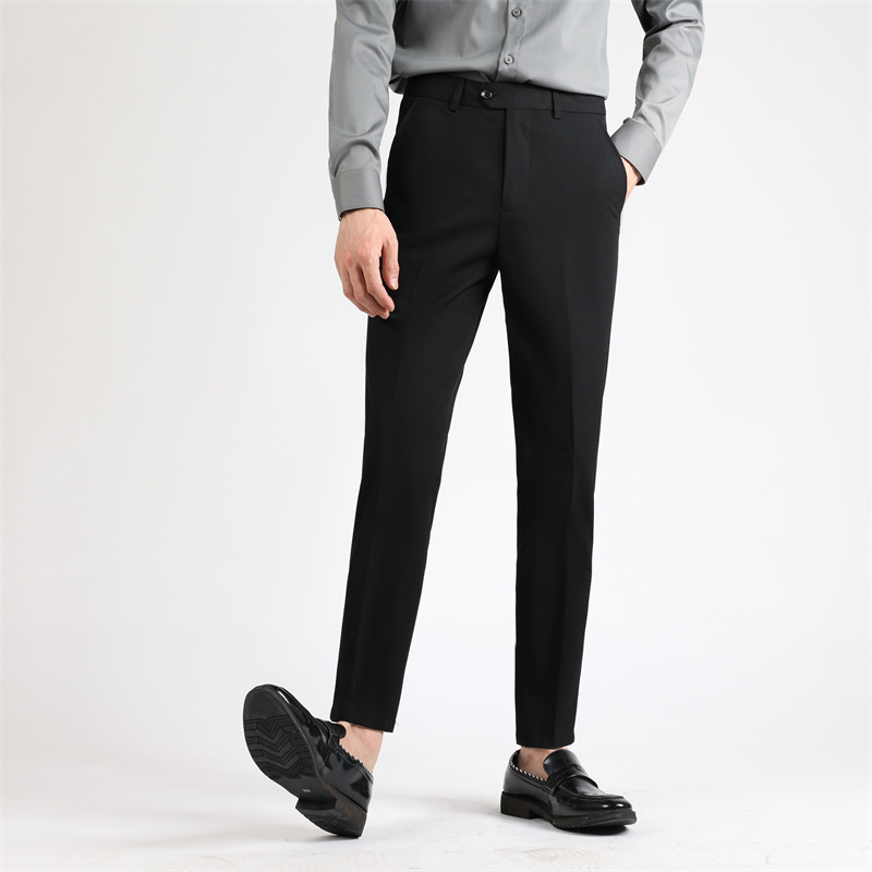 Pantaloni negri de costum pentru bărbați, primăvară–toamnă, stil coreean, croială dreaptă, slim, rezistenți la cute, ușor elastici, pantaloni business casual