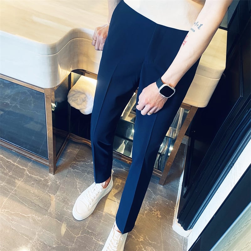 Pantaloni negri de costum pentru bărbați, primăvară–toamnă, stil coreean, croială dreaptă, slim, rezistenți la cute, ușor elastici, pantaloni business casual