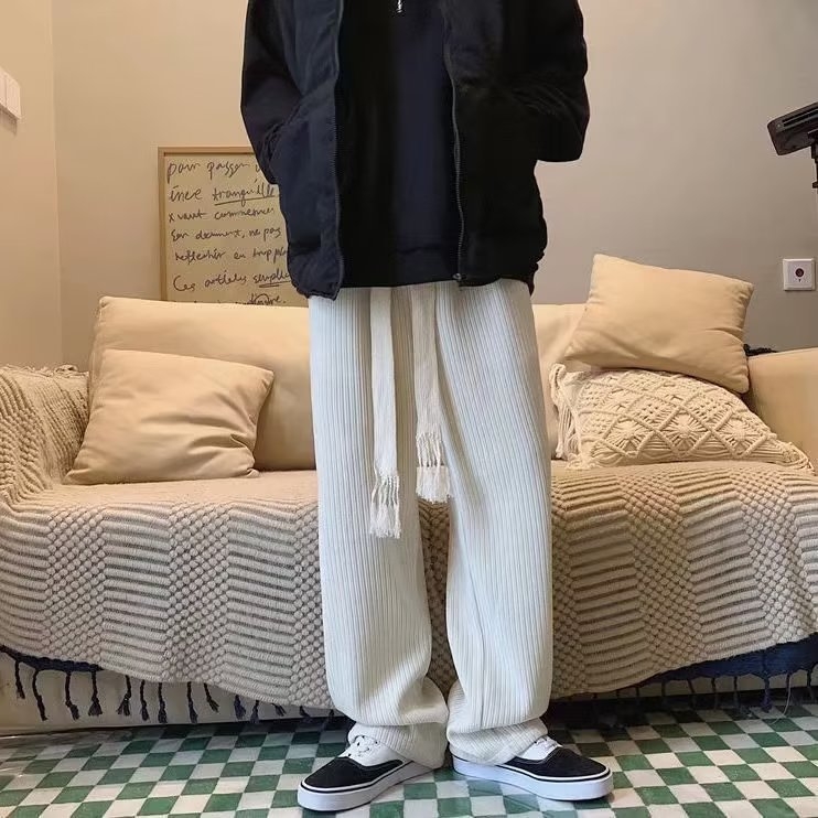 Ανδρικοί παντελόνες corduroy με επένδυση fleece, χαλαρή γραμμή ίσια, χειμερινά, στυλ Hong Kong δρόμου