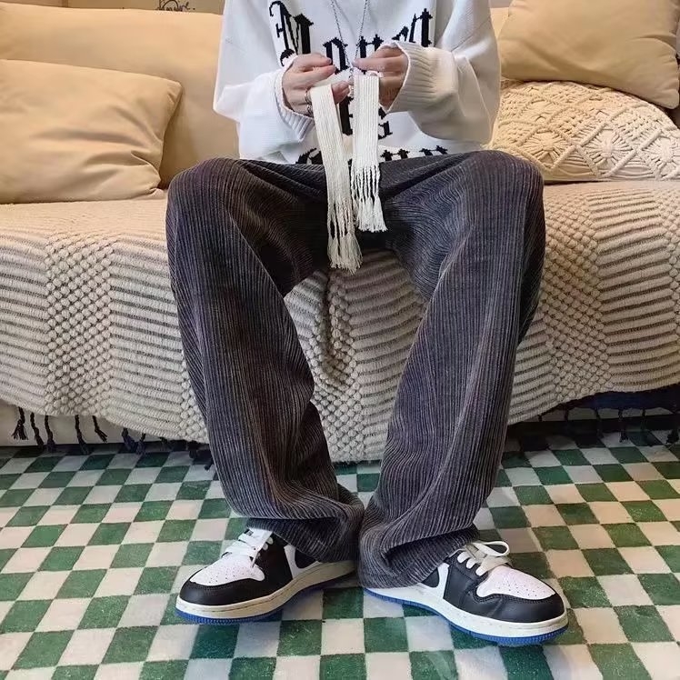 Ανδρικοί παντελόνες corduroy με επένδυση fleece, χαλαρή γραμμή ίσια, χειμερινά, στυλ Hong Kong δρόμου