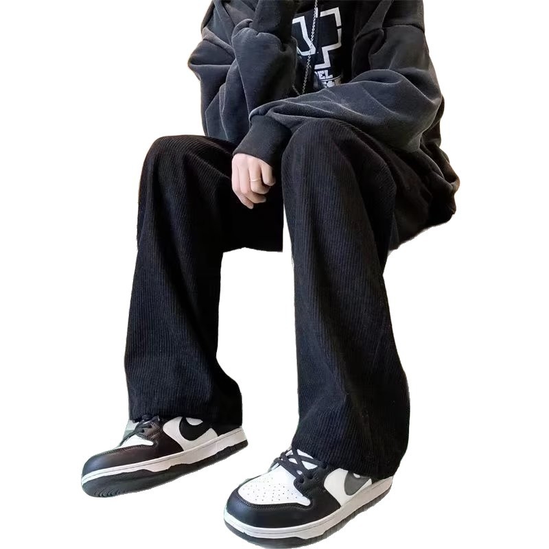 Ανδρικοί παντελόνες corduroy με επένδυση fleece, χαλαρή γραμμή ίσια, χειμερινά, στυλ Hong Kong δρόμου