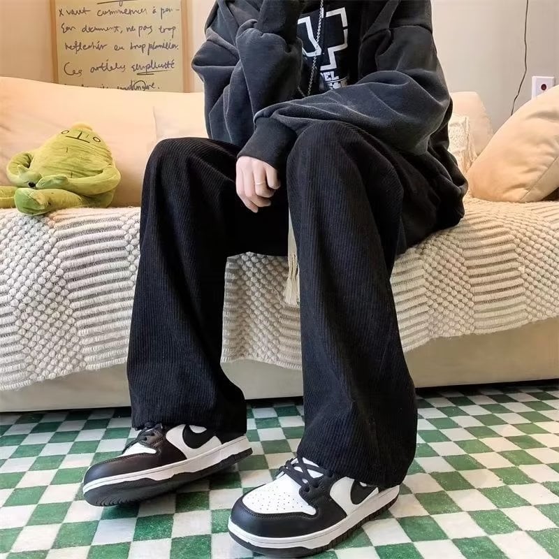Ανδρικοί παντελόνες corduroy με επένδυση fleece, χαλαρή γραμμή ίσια, χειμερινά, στυλ Hong Kong δρόμου
