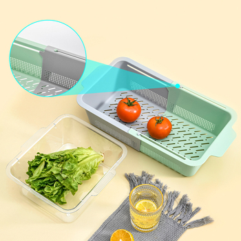 Coș de drenaj pentru chiuvetă, extensibil, pentru spălarea legumelor, a vaselor și a fructelor, cu un raft de depozitare compact